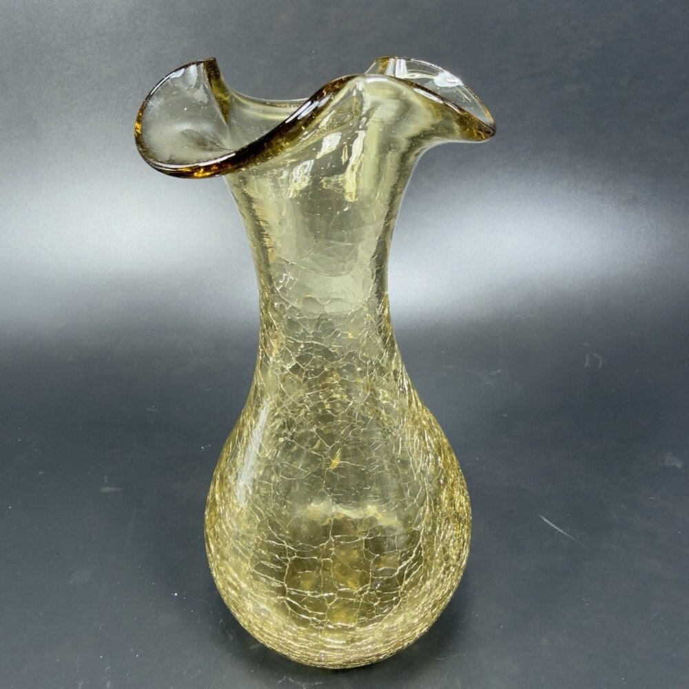 Vintage Hand Blown Yellow Amber Crackle Glass Vase Ruffled Edges Crackled Glass